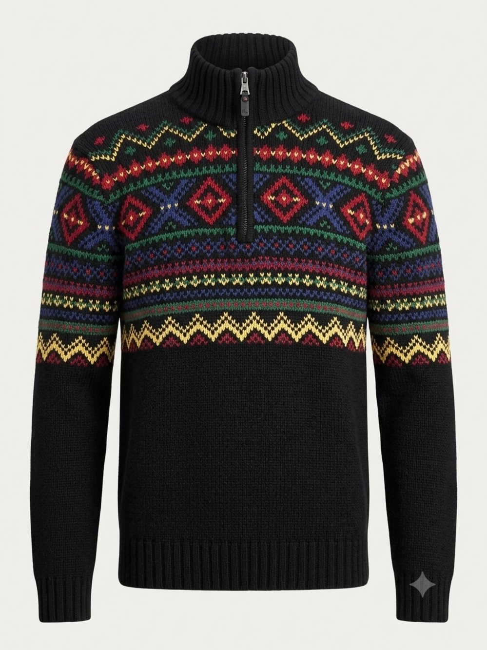 VTG Polo Ralph Lauren Youth XL Aztec Fair Isle Half Zip Sweater Black Cotton
